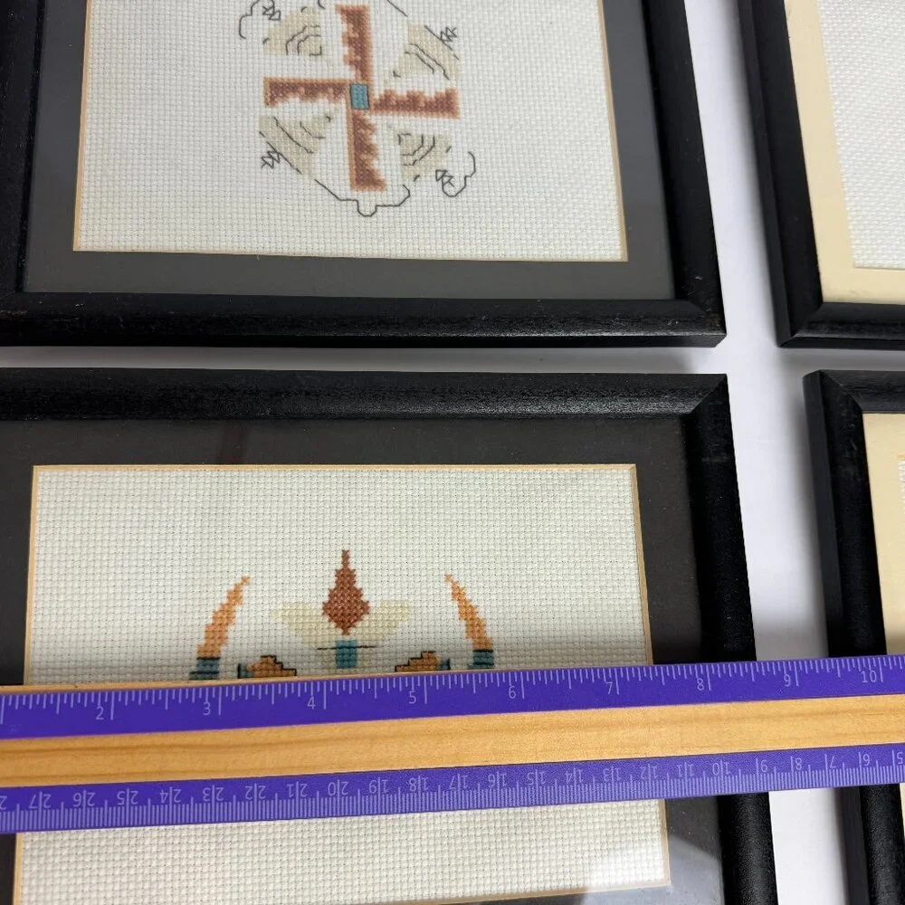 Vintage Hand Cross Stitch Native American Symbols Framed Set of 4